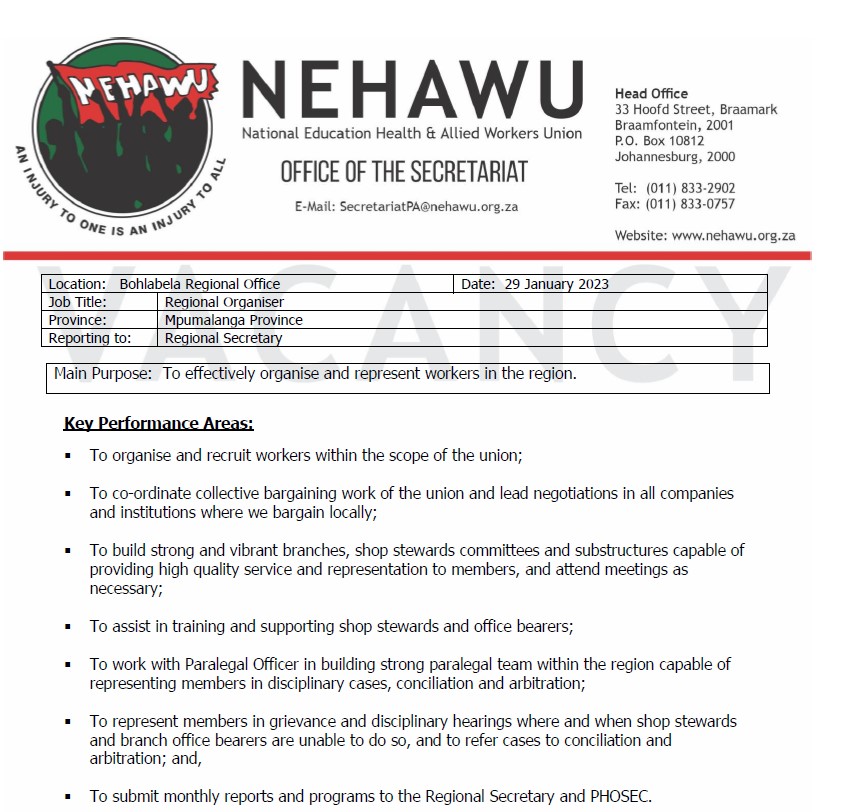 ADVERT20260129REGIONAL ORGANISER-NKANGALA REGION